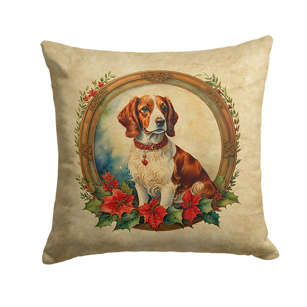 Brittany Spaniel Christmas Flowers Decorative Throw Pillow 14x14 Indoor Outdoor Accent Cushion, Fabric Cover with Insert for Sofa, Bed, Porch & Living Room