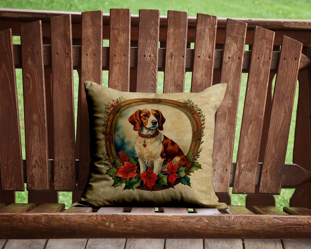Brittany Spaniel Christmas Flowers Decorative Throw Pillow 14x14 Indoor Outdoor Accent Cushion, Fabric Cover with Insert for Sofa, Bed, Porch & Living Room