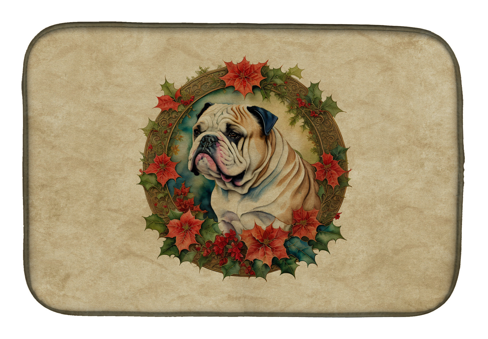 English Bulldog Christmas Flowers Dish Drying Mat Absorbent Dish Drying Mat Pad for Kitchen Counter Dish Drainer Mat for Countertop, 14 x 21", Multicolor