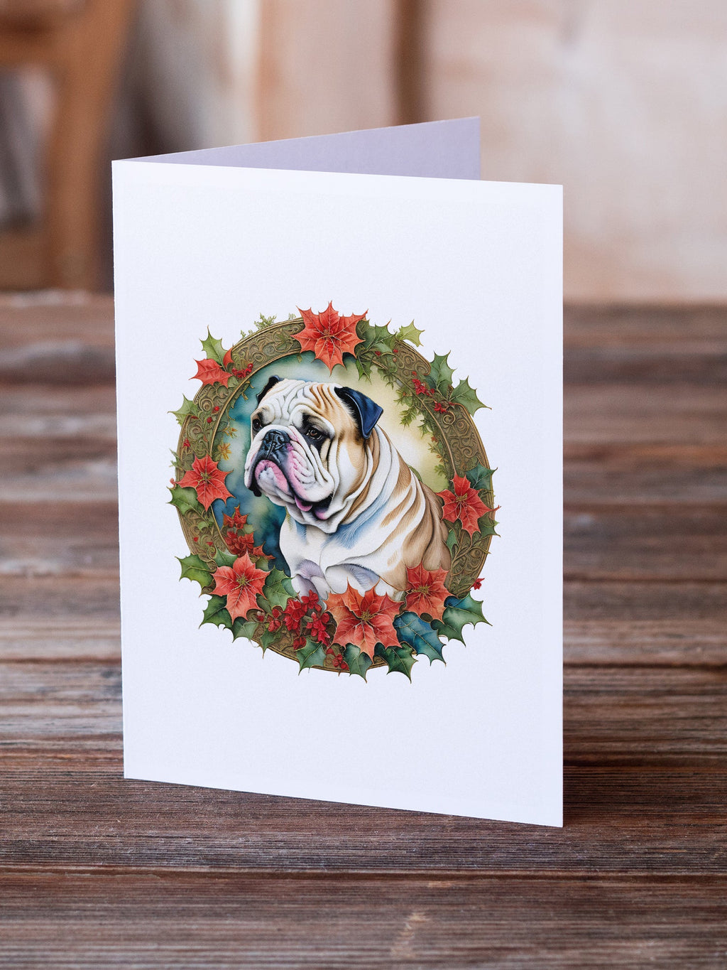 English Bulldog Christmas Flowers Greeting Cards Pack of 8 Blank Cards with Envelopes Whimsical A7 Size 5x7