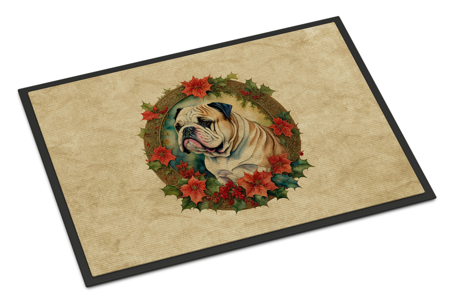 English Bulldog Christmas Flowers Doormat Indoor Outdoor 24H X 36W Front Door Mat Rugs for Entryway, Non Slip Washable Low Pile,