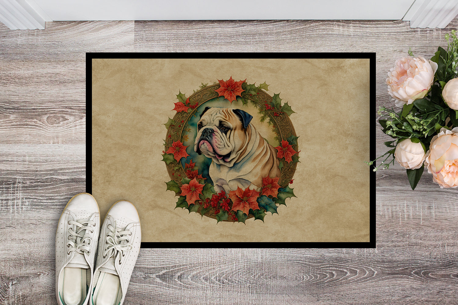 English Bulldog Christmas Flowers Doormat Indoor Outdoor 18H X 27W Front Door Mat Rugs for Entryway, Non Slip Washable