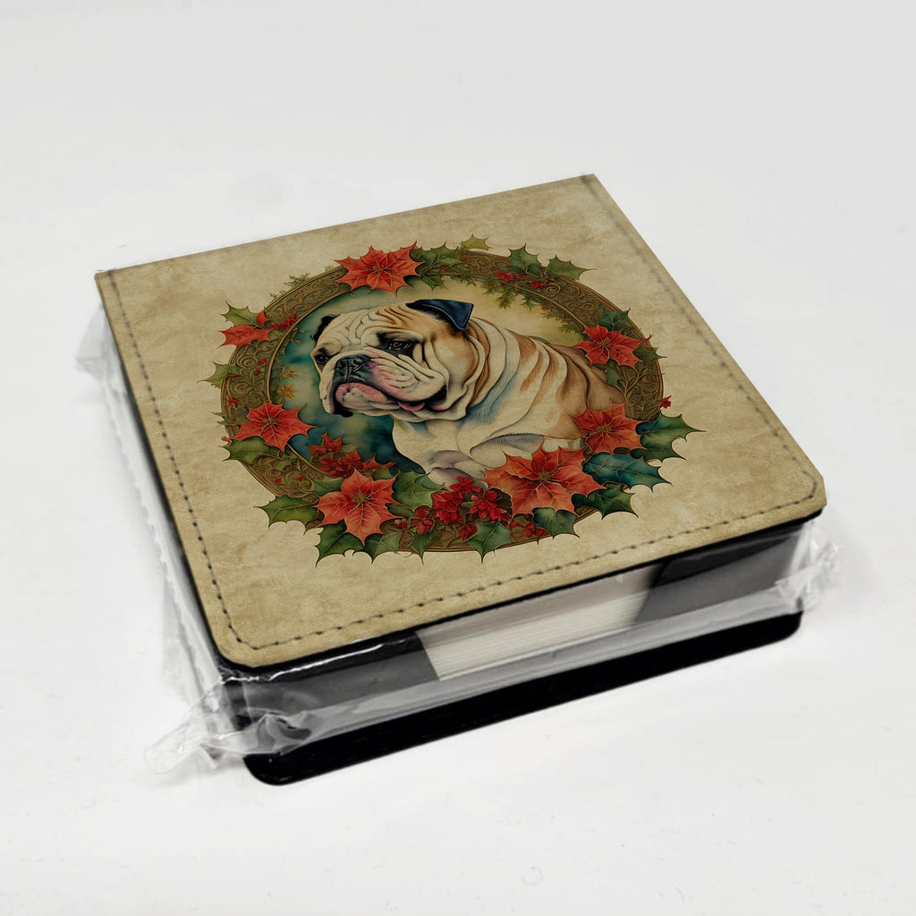 English Bulldog Christmas Flowers PU Leather Note Paper Holder with Artist-Designed Cover, Desk Accessory, Office Gift