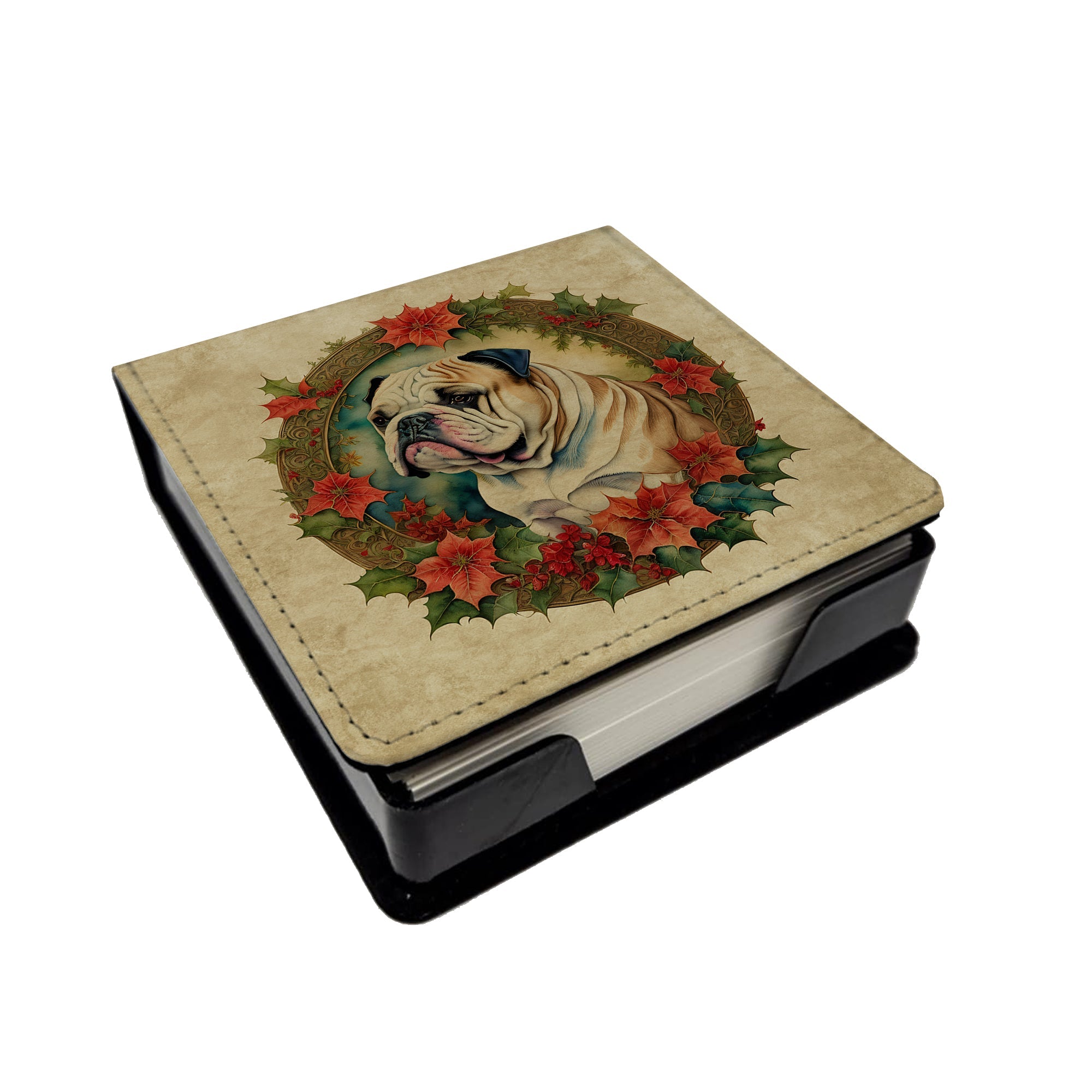 English Bulldog Christmas Flowers PU Leather Note Paper Holder with Artist-Designed Cover, Desk Accessory, Office Gift