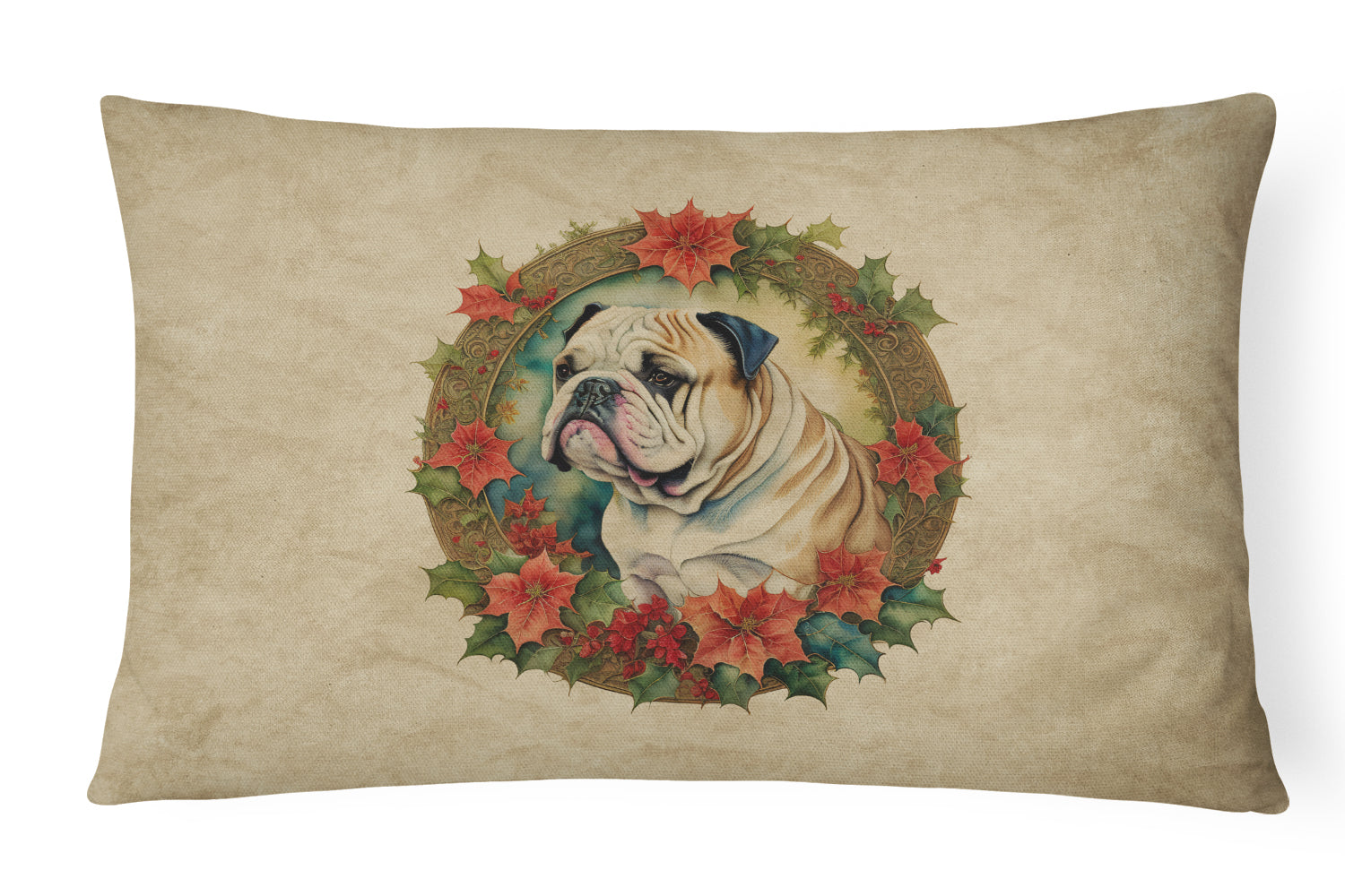 English Bulldog Christmas Flowers Decorative Throw Pillow 12x16 Indoor Outdoor Accent Cushion, Fabric Cover with Insert for Sofa, Bed, Porch & Living Room