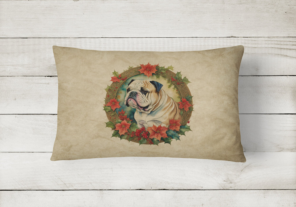 English Bulldog Christmas Flowers Decorative Throw Pillow 12x16 Indoor Outdoor Accent Cushion, Fabric Cover with Insert for Sofa, Bed, Porch & Living Room