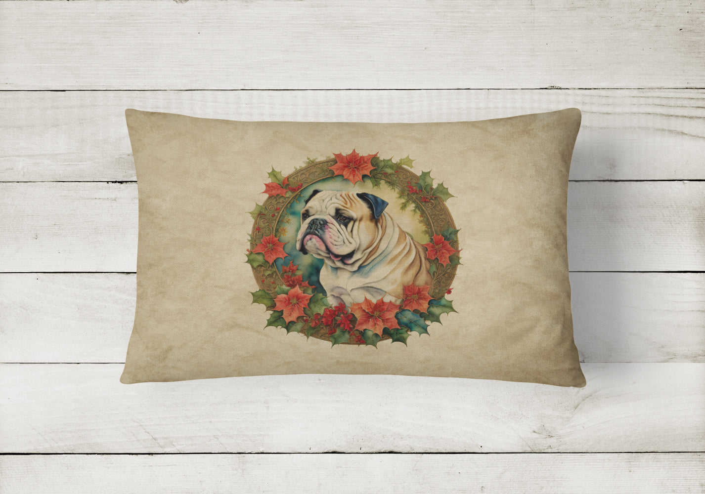 English Bulldog Christmas Flowers Decorative Throw Pillow 12x16 Indoor Outdoor Accent Cushion, Fabric Cover with Insert for Sofa, Bed, Porch & Living Room