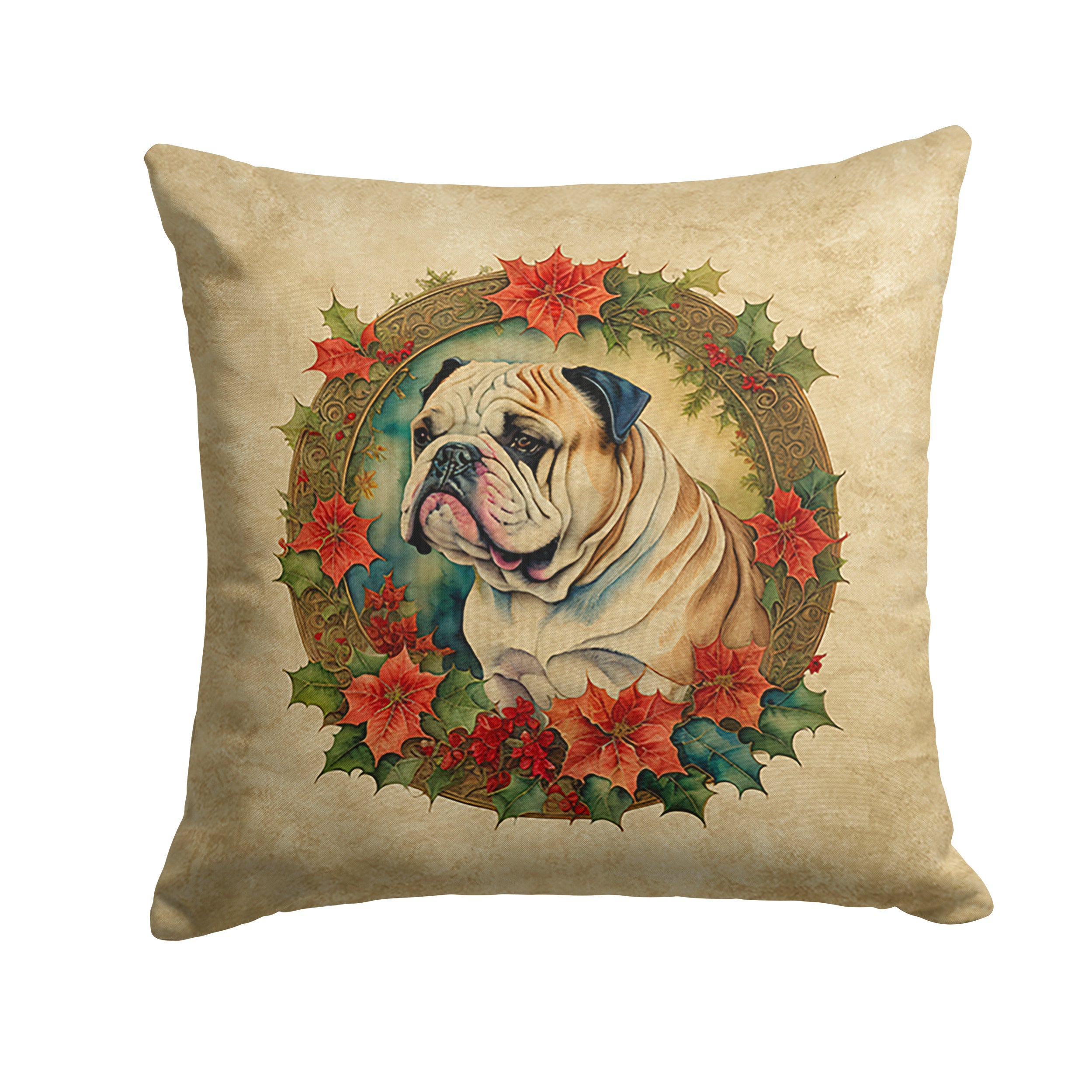 English Bulldog Christmas Flowers Decorative Throw Pillow 14x14 Indoor Outdoor Accent Cushion, Fabric Cover with Insert for Sofa, Bed, Porch & Living Room