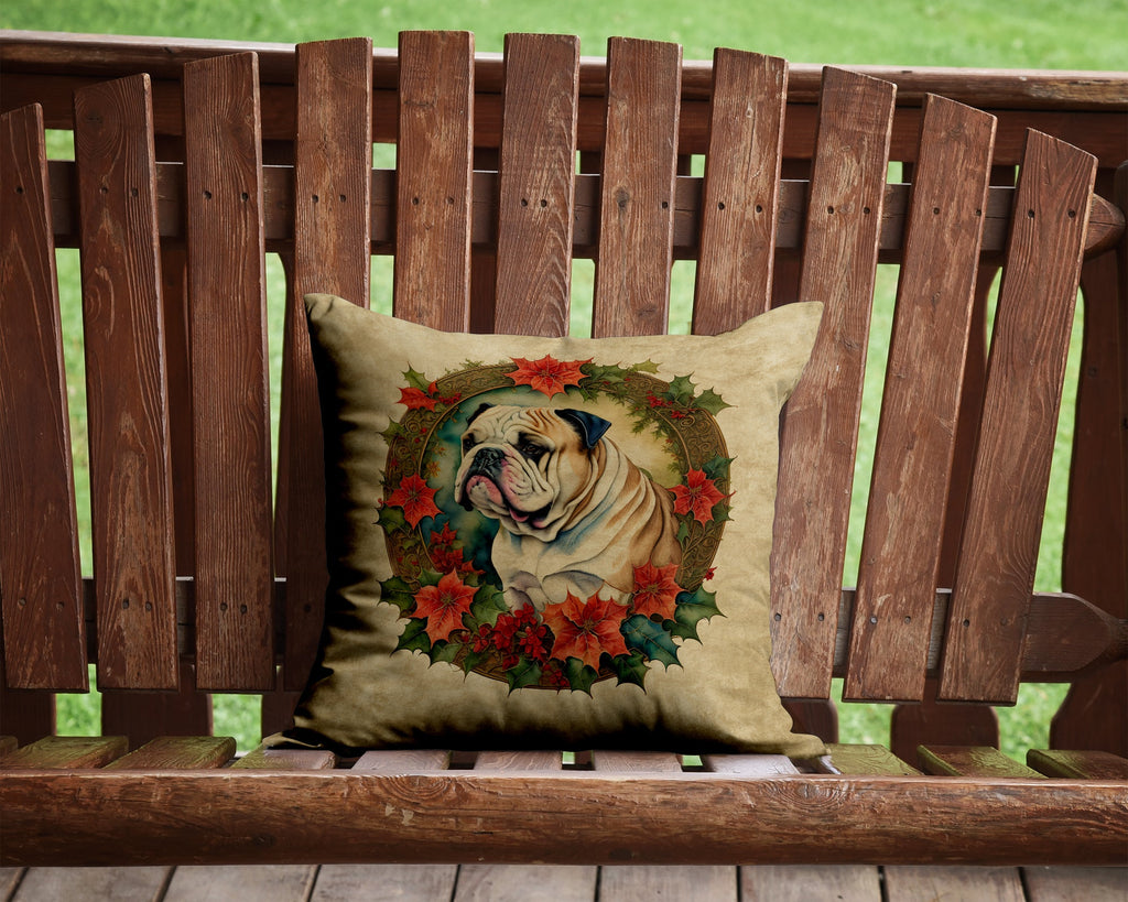 English Bulldog Christmas Flowers Decorative Throw Pillow 14x14 Indoor Outdoor Accent Cushion, Fabric Cover with Insert for Sofa, Bed, Porch & Living Room