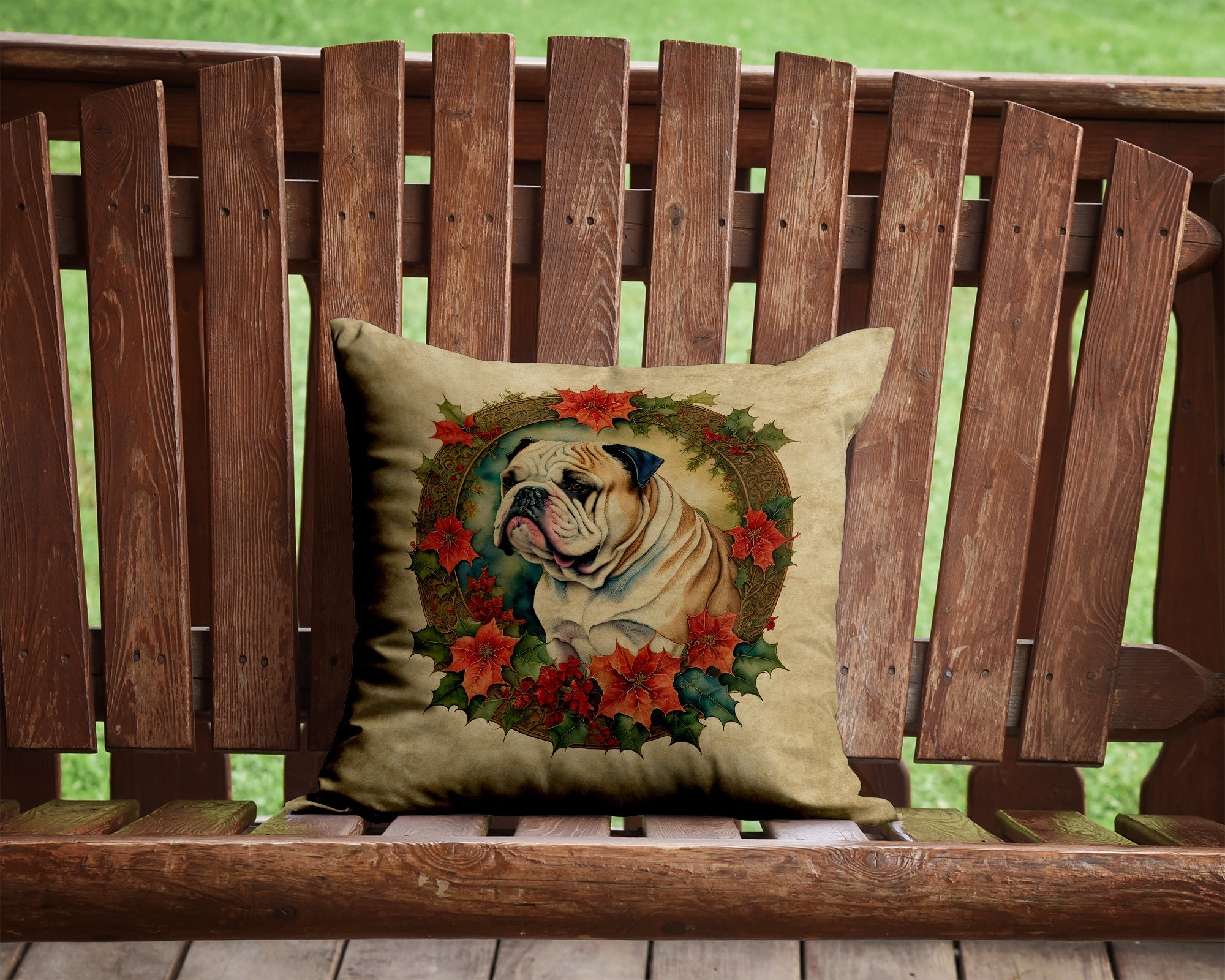 English Bulldog Christmas Flowers Decorative Throw Pillow 14x14 Indoor Outdoor Accent Cushion, Fabric Cover with Insert for Sofa, Bed, Porch & Living Room
