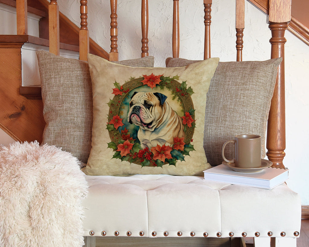 English Bulldog Christmas Flowers Decorative Throw Pillow 14x14 Indoor Outdoor Accent Cushion, Fabric Cover with Insert for Sofa, Bed, Porch & Living Room