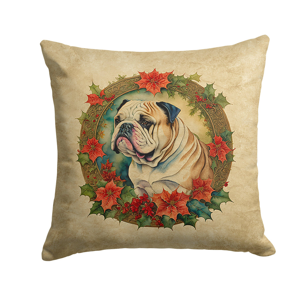English Bulldog Christmas Flowers Decorative Throw Pillow 18x18 Indoor Outdoor Accent Cushion, Fabric Cover with Insert for Sofa, Bed, Porch & Living Room