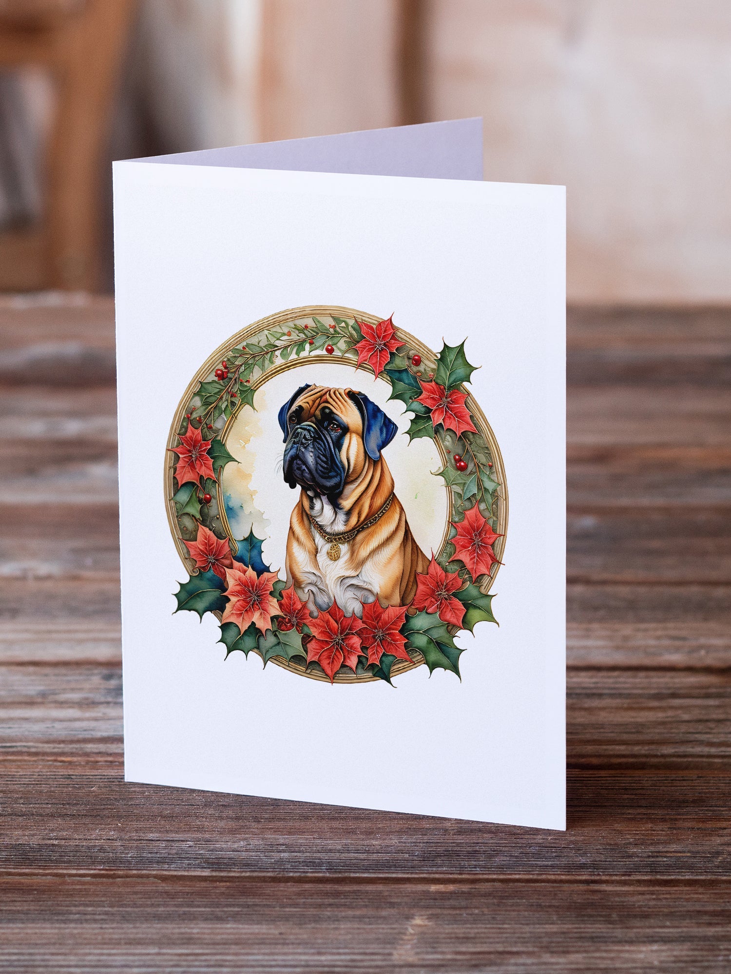 Bullmastiff Christmas Flowers Greeting Cards Pack of 8 Blank Cards with Envelopes Whimsical A7 Size 5x7