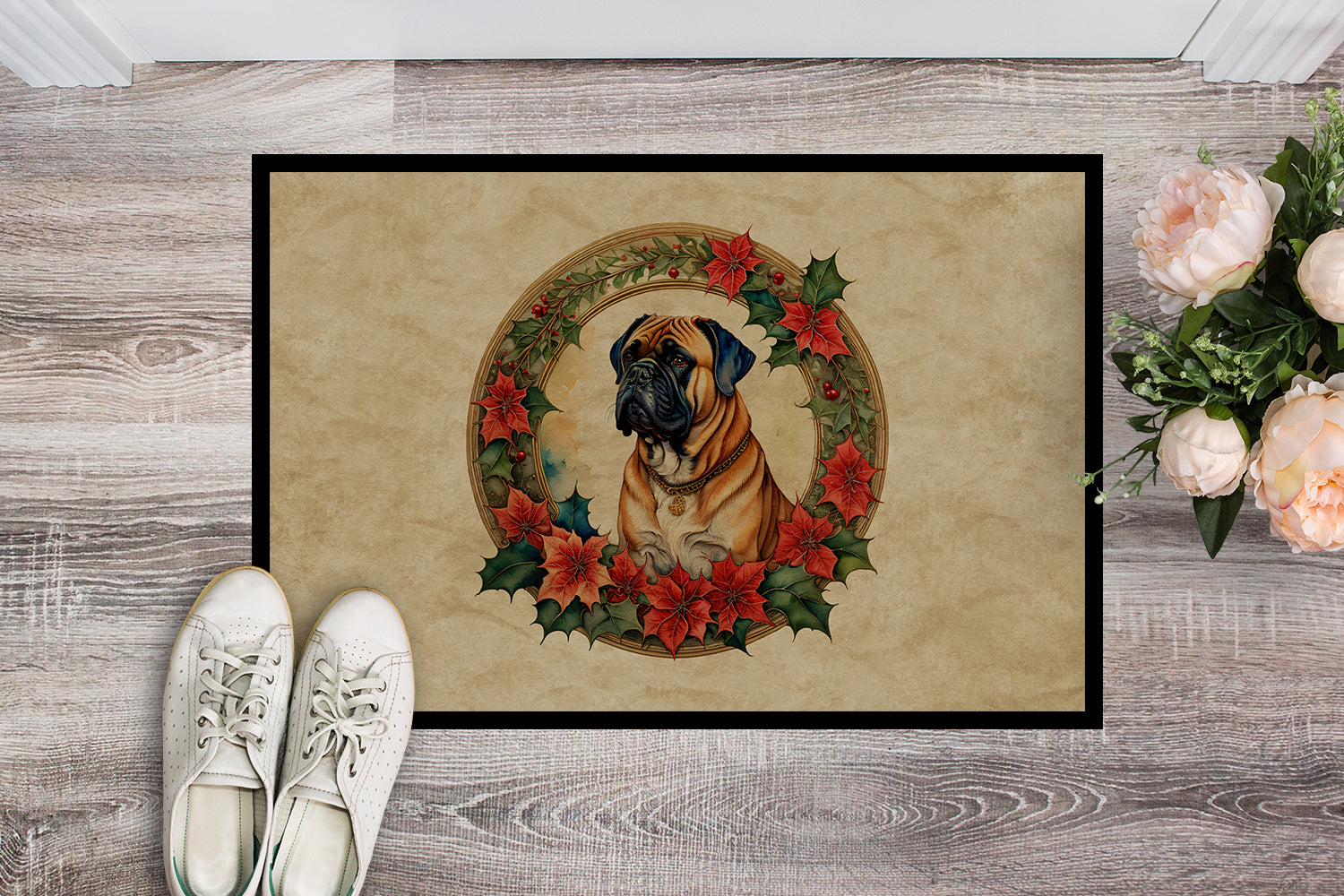 Bullmastiff Christmas Flowers Doormat Indoor Outdoor 18H X 27W Front Door Mat Rugs for Entryway, Non Slip Washable