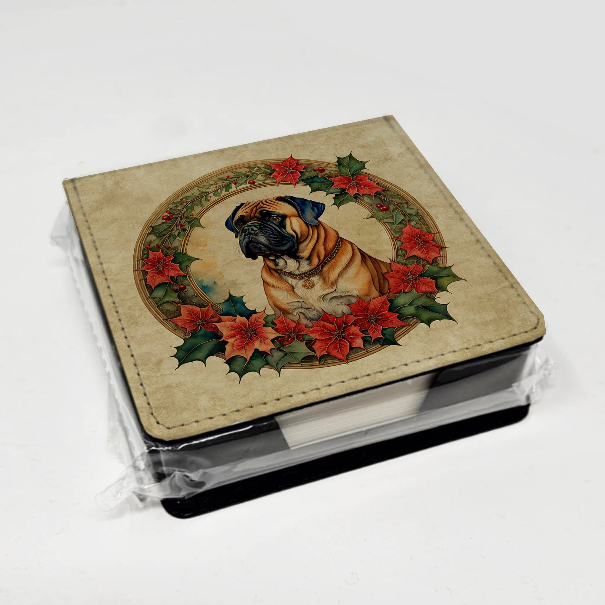 Bullmastiff Christmas Flowers PU Leather Note Paper Holder with Artist-Designed Cover, Desk Accessory, Office Gift
