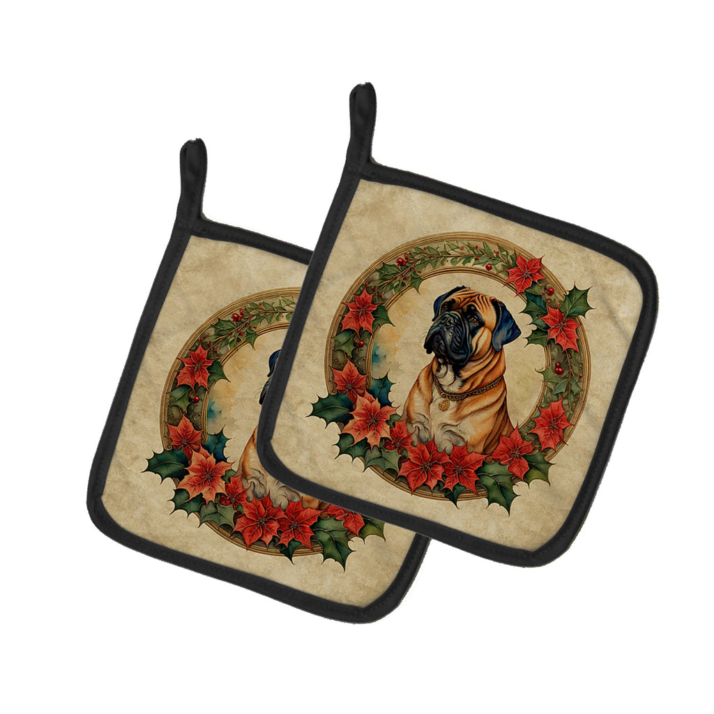 Bullmastiff Christmas Flowers Pot Holder Set of 2 Heat Resistant Quilted Hot Pads 7.5 x 7.5 Inch, Insulated Kitchen Trivets for Cooking & Baking