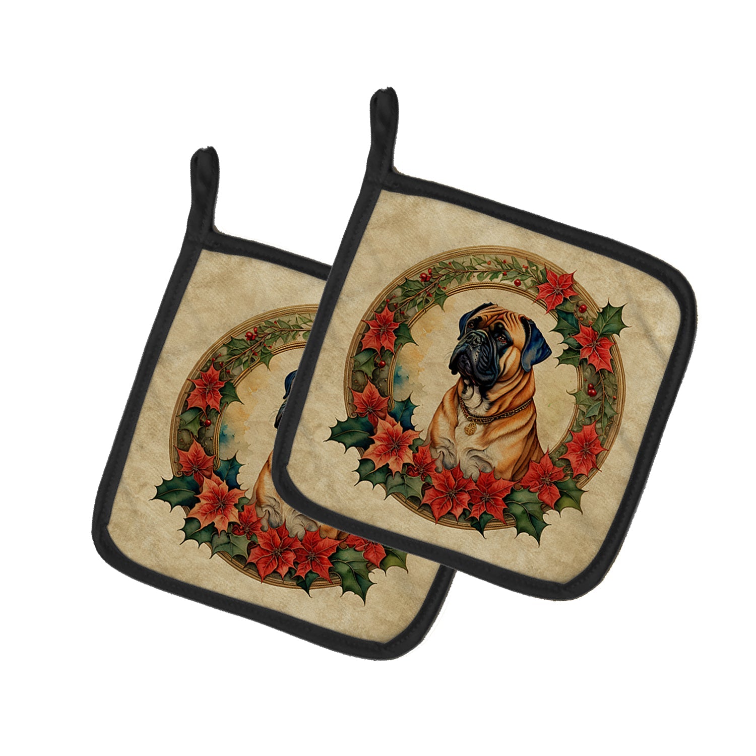 Bullmastiff Christmas Flowers Pot Holder Set of 2 Heat Resistant Quilted Hot Pads 7.5 x 7.5 Inch, Insulated Kitchen Trivets for Cooking & Baking
