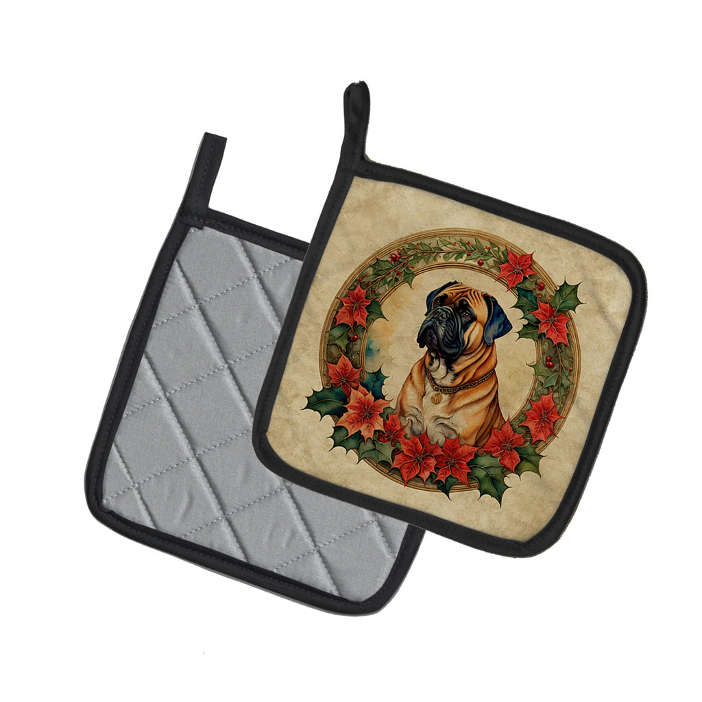 Bullmastiff Christmas Flowers Pot Holder Set of 2 Heat Resistant Quilted Hot Pads 7.5 x 7.5 Inch, Insulated Kitchen Trivets for Cooking & Baking