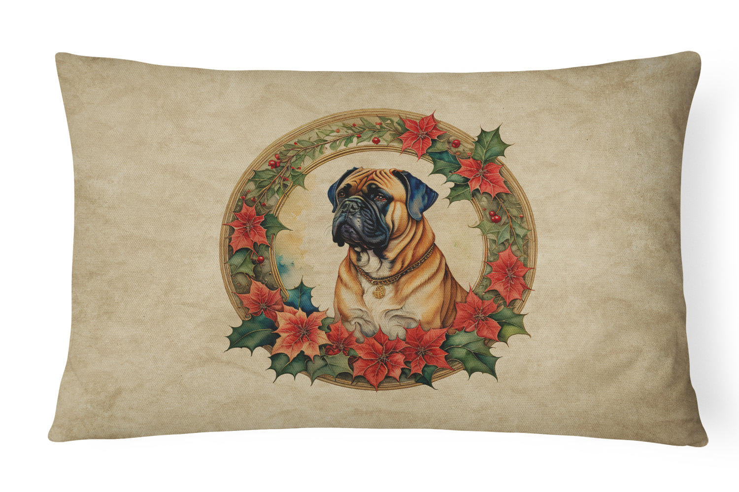 Bullmastiff Christmas Flowers Decorative Throw Pillow 12x16 Indoor Outdoor Accent Cushion, Fabric Cover with Insert for Sofa, Bed, Porch & Living Room