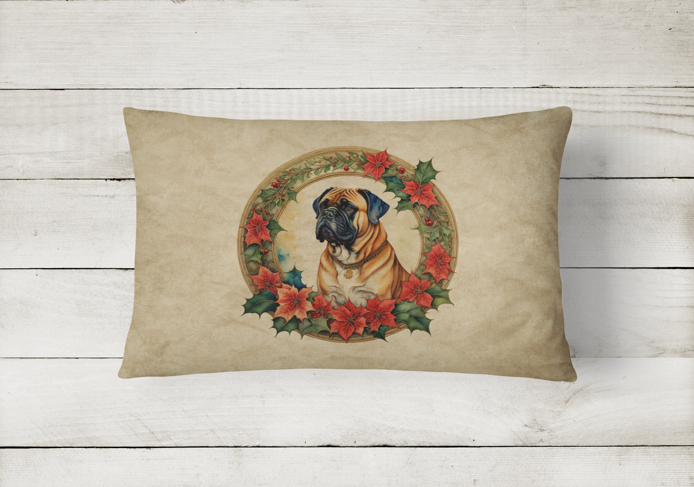 Bullmastiff Christmas Flowers Decorative Throw Pillow 12x16 Indoor Outdoor Accent Cushion, Fabric Cover with Insert for Sofa, Bed, Porch & Living Room
