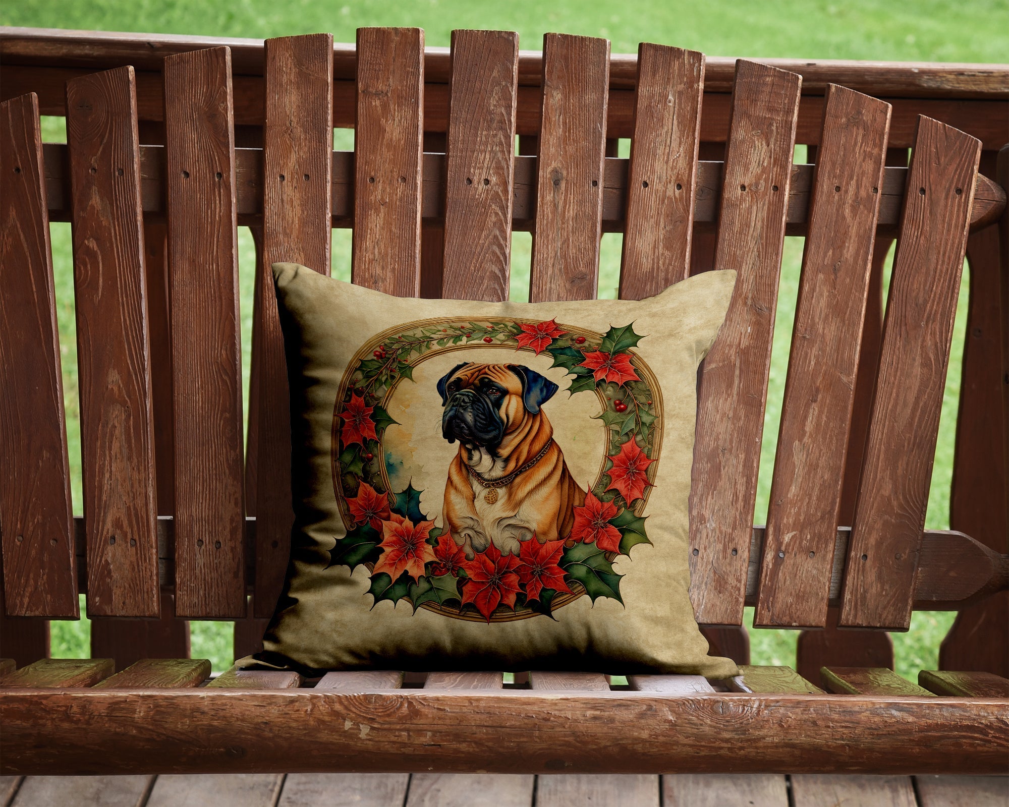 Bullmastiff Christmas Flowers Decorative Throw Pillow 14x14 Indoor Outdoor Accent Cushion, Fabric Cover with Insert for Sofa, Bed, Porch & Living Room