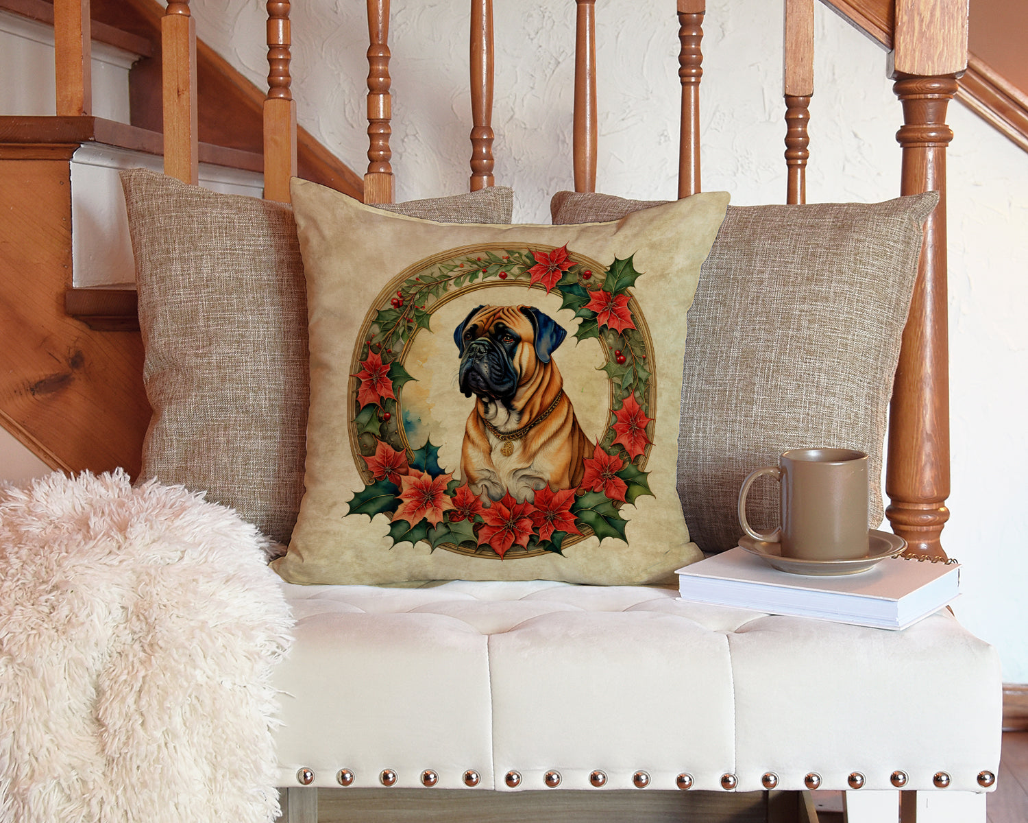Bullmastiff Christmas Flowers Decorative Throw Pillow 14x14 Indoor Outdoor Accent Cushion, Fabric Cover with Insert for Sofa, Bed, Porch & Living Room