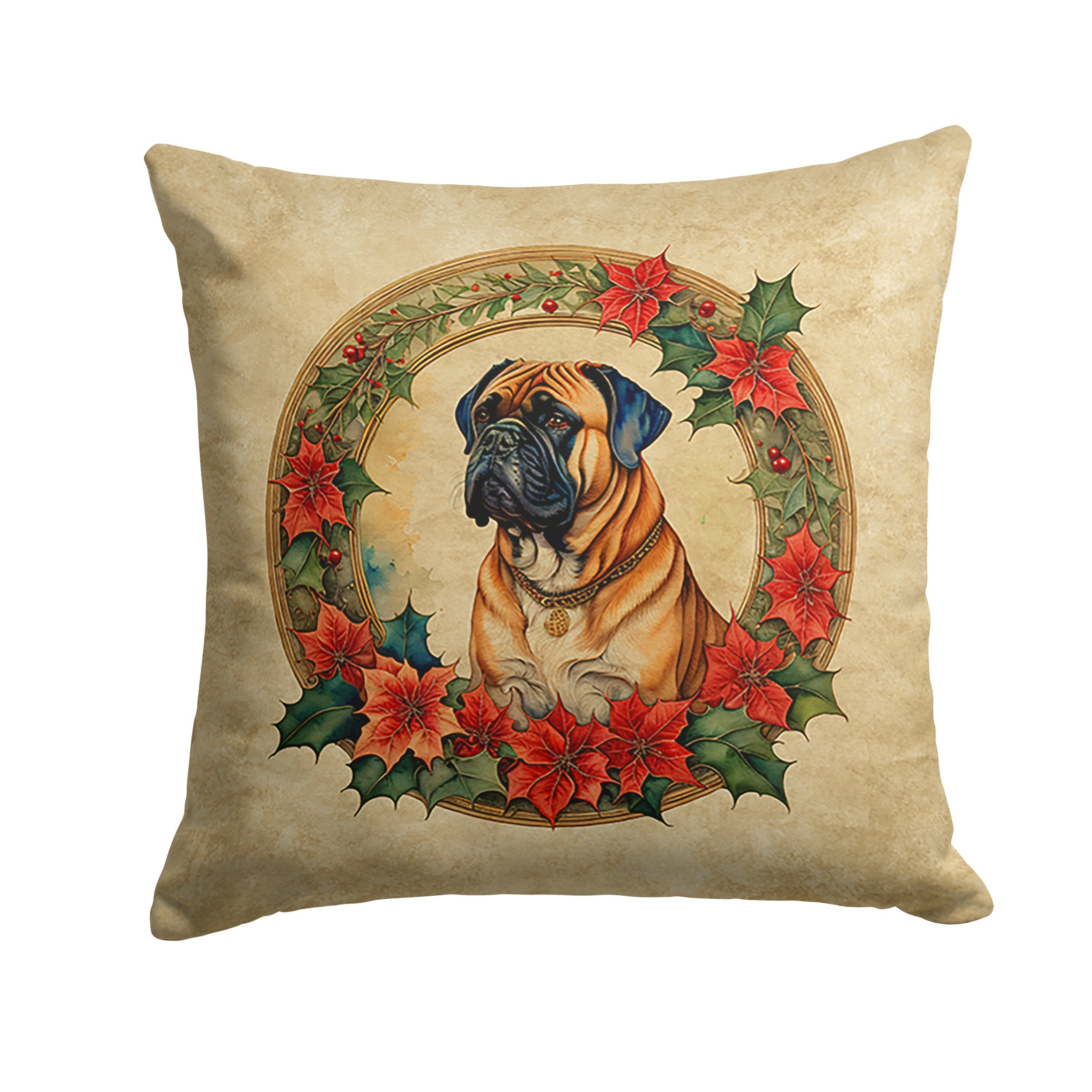 Bullmastiff Christmas Flowers Decorative Throw Pillow 18x18 Indoor Outdoor Accent Cushion, Fabric Cover with Insert for Sofa, Bed, Porch & Living Room