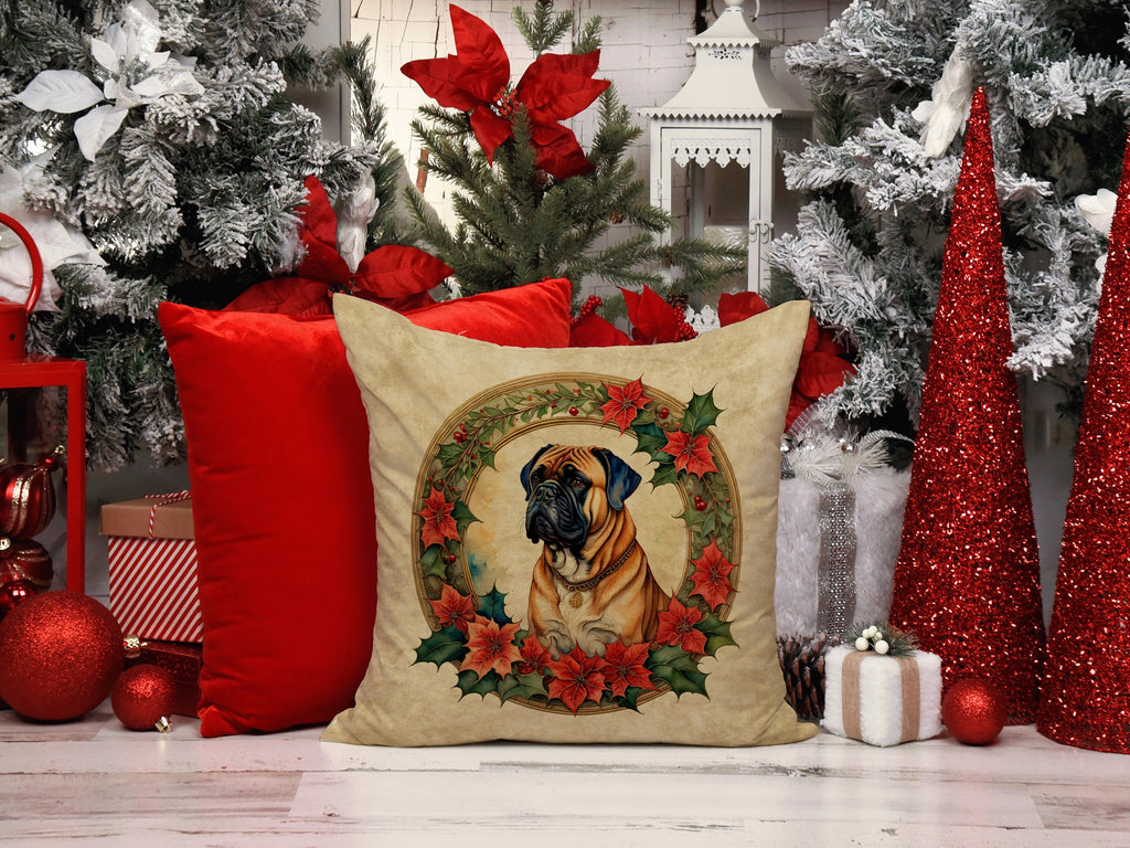 Bullmastiff Christmas Flowers Decorative Throw Pillow 18x18 Indoor Outdoor Accent Cushion, Fabric Cover with Insert for Sofa, Bed, Porch & Living Room