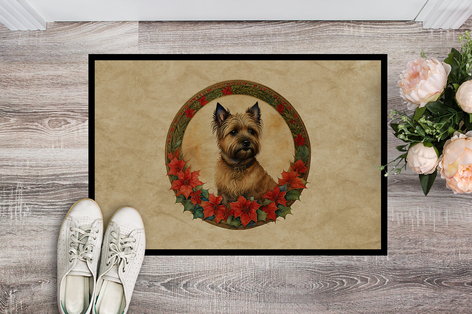Cairn Terrier Christmas Flowers Doormat Indoor Outdoor 24H X 36W Front Door Mat Rugs for Entryway, Non Slip Washable Low Pile,