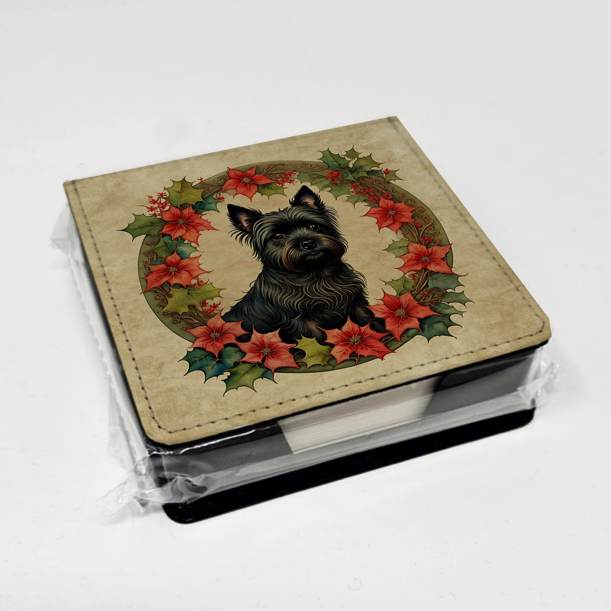 Cairn Terrier Christmas Flowers PU Leather Note Paper Holder with Artist-Designed Cover, Desk Accessory, Office Gift