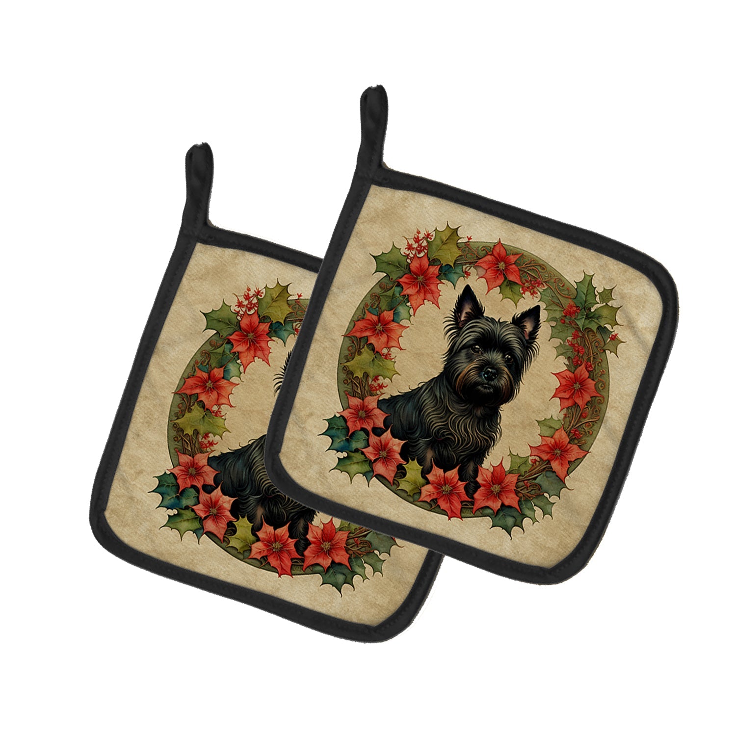 Cairn Terrier Christmas Flowers Pot Holder Set of 2 Heat Resistant Quilted Hot Pads 7.5 x 7.5 Inch, Insulated Kitchen Trivets for Cooking & Baking