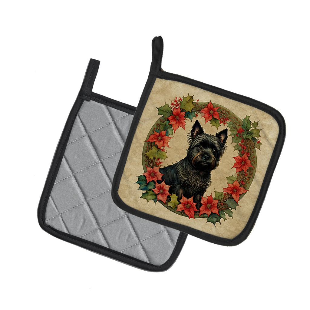 Cairn Terrier Christmas Flowers Pot Holder Set of 2 Heat Resistant Quilted Hot Pads 7.5 x 7.5 Inch, Insulated Kitchen Trivets for Cooking & Baking