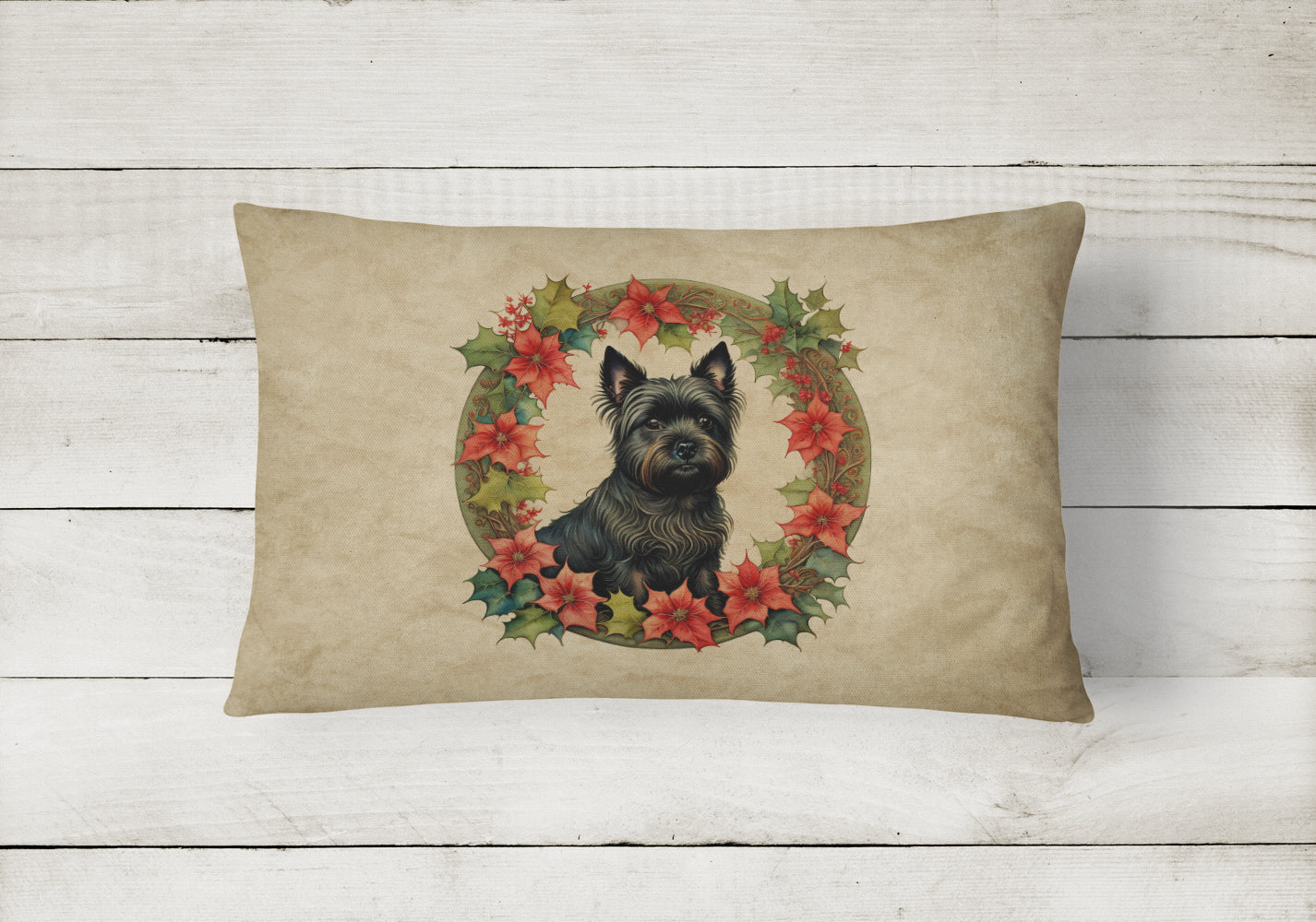 Cairn Terrier Christmas Flowers Decorative Throw Pillow 12x16 Indoor Outdoor Accent Cushion, Fabric Cover with Insert for Sofa, Bed, Porch & Living Room