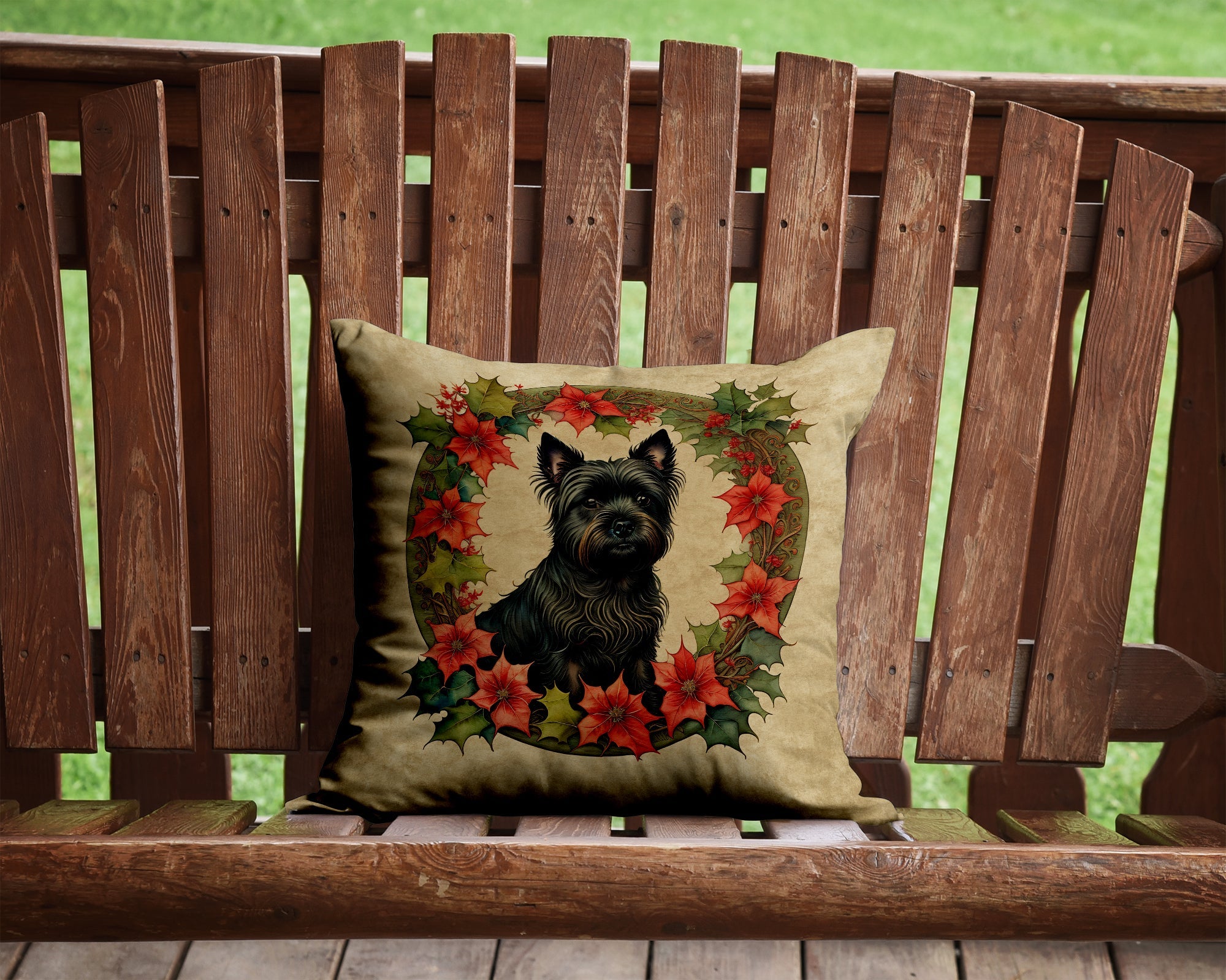 Cairn Terrier Christmas Flowers Decorative Throw Pillow 14x14 Indoor Outdoor Accent Cushion, Fabric Cover with Insert for Sofa, Bed, Porch & Living Room