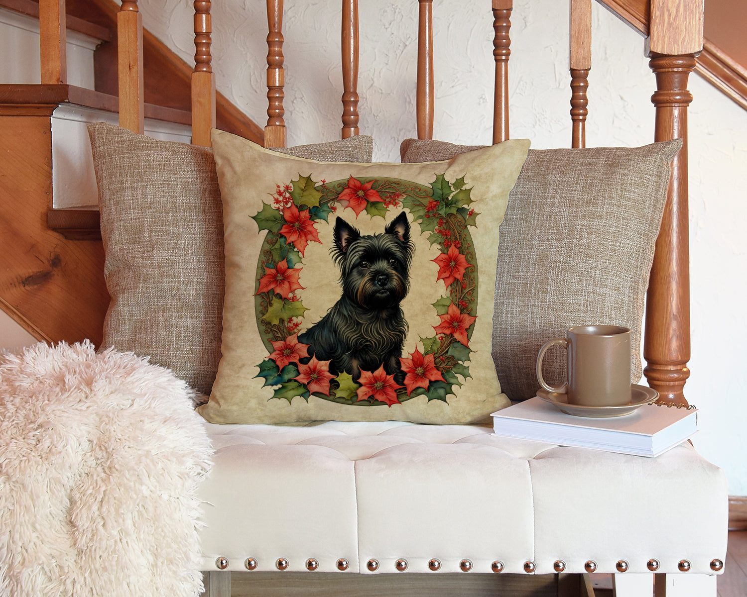 Cairn Terrier Christmas Flowers Decorative Throw Pillow 14x14 Indoor Outdoor Accent Cushion, Fabric Cover with Insert for Sofa, Bed, Porch & Living Room