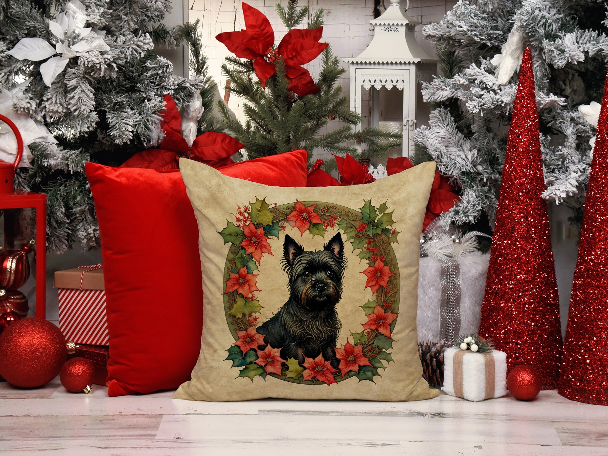 Cairn Terrier Christmas Flowers Decorative Throw Pillow 18x18 Indoor Outdoor Accent Cushion, Fabric Cover with Insert for Sofa, Bed, Porch & Living Room
