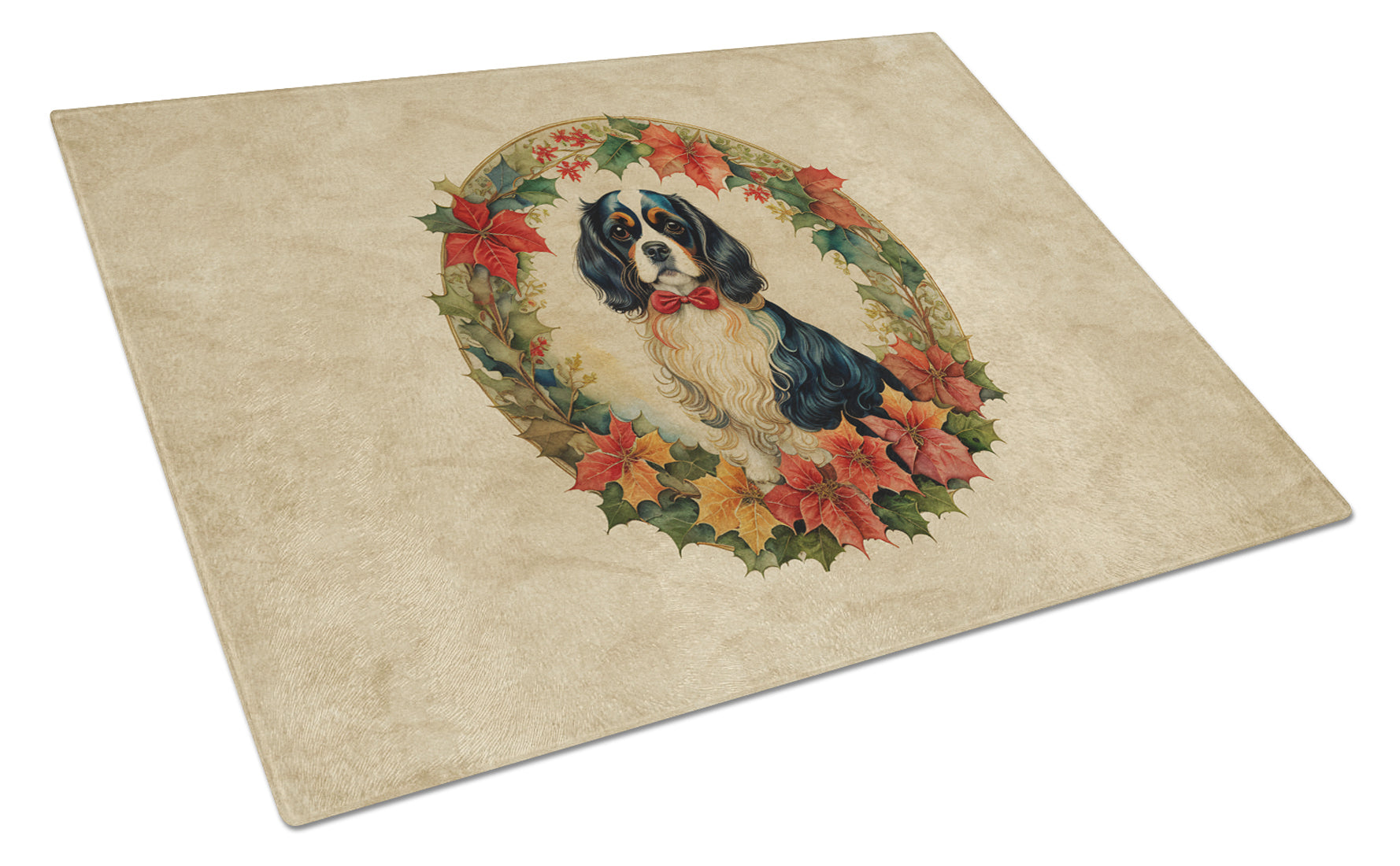 Cavalier Spaniel Christmas Flowers Cutting Board Tempered Glass Kitchen Cutting Surface, Heat Resistant Chopping, Non-Slip Feet, Food Prep & Serving