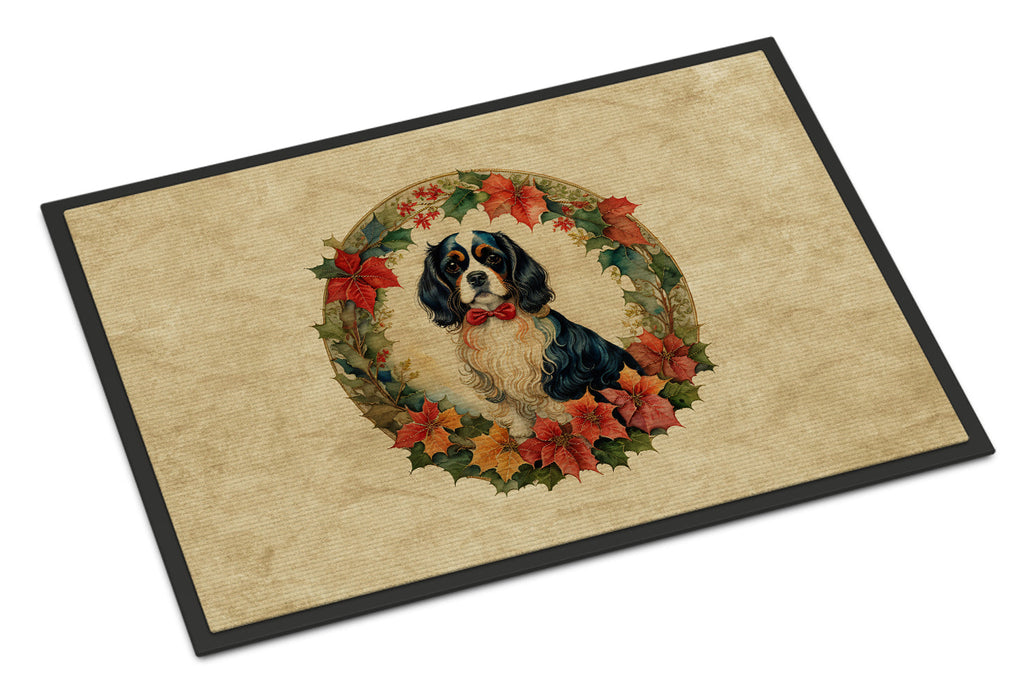 Cavalier Spaniel Christmas Flowers Doormat Indoor Outdoor 18H X 27W Front Door Mat Rugs for Entryway, Non Slip Washable