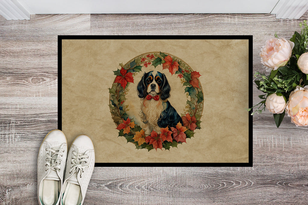 Cavalier Spaniel Christmas Flowers Doormat Indoor Outdoor 18H X 27W Front Door Mat Rugs for Entryway, Non Slip Washable