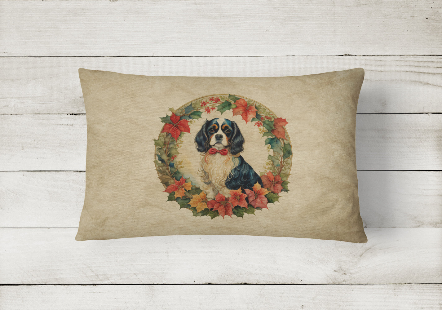 Cavalier Spaniel Christmas Flowers Decorative Throw Pillow 12x16 Indoor Outdoor Accent Cushion, Fabric Cover with Insert for Sofa, Bed, Porch & Living Room