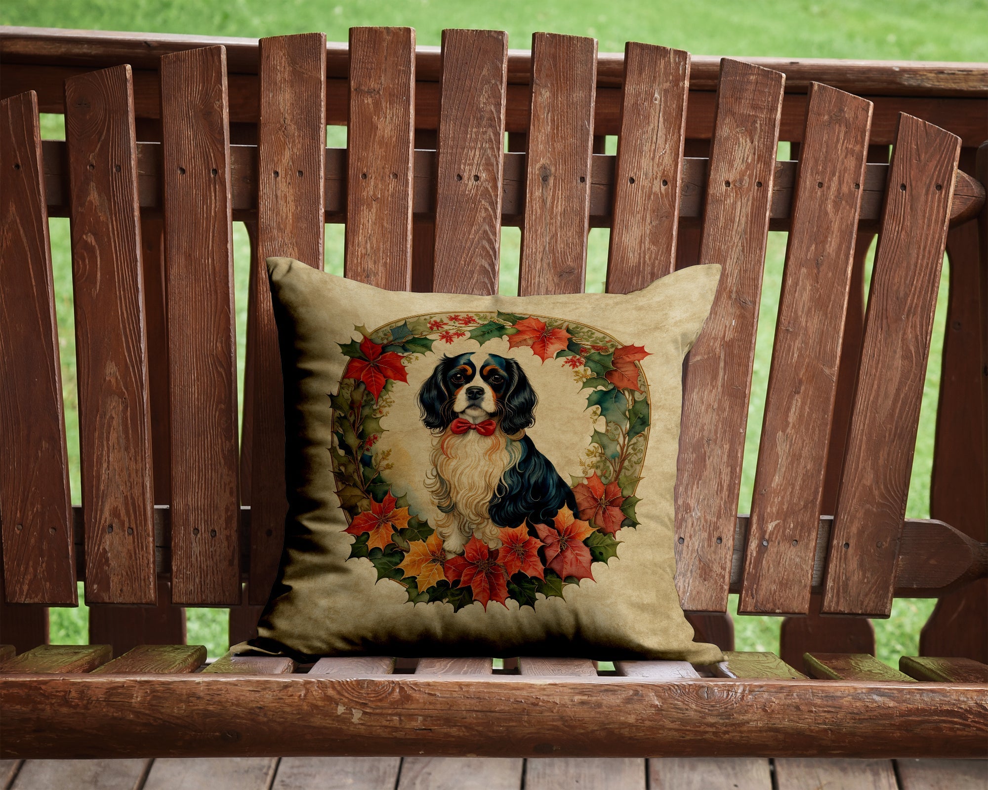 Cavalier Spaniel Christmas Flowers Decorative Throw Pillow 14x14 Indoor Outdoor Accent Cushion, Fabric Cover with Insert for Sofa, Bed, Porch & Living Room