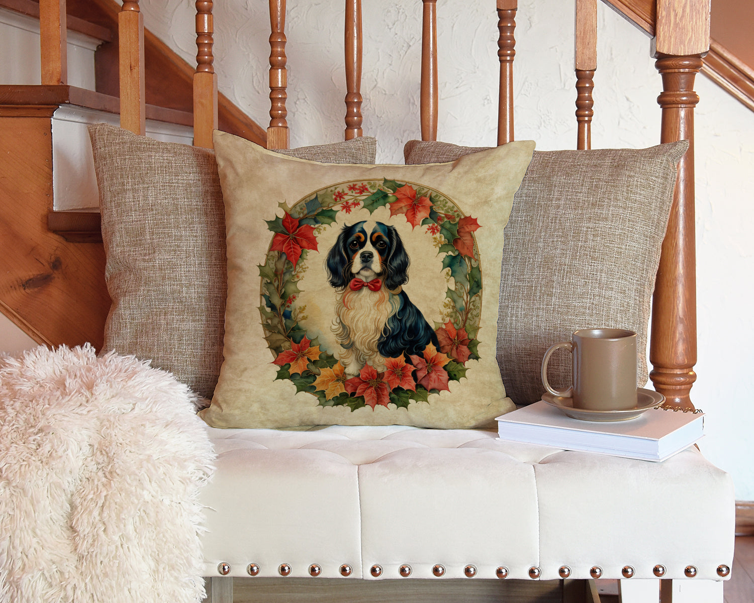 Cavalier Spaniel Christmas Flowers Decorative Throw Pillow 14x14 Indoor Outdoor Accent Cushion, Fabric Cover with Insert for Sofa, Bed, Porch & Living Room