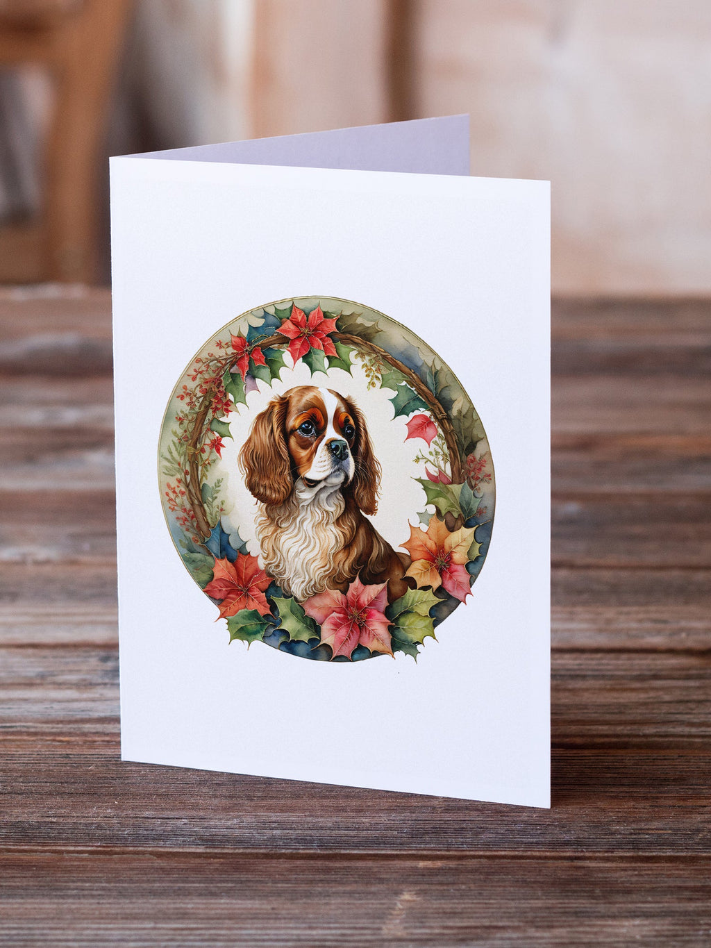 Cavalier Spaniel Christmas Flowers Greeting Cards Pack of 8 Blank Cards with Envelopes Whimsical A7 Size 5x7