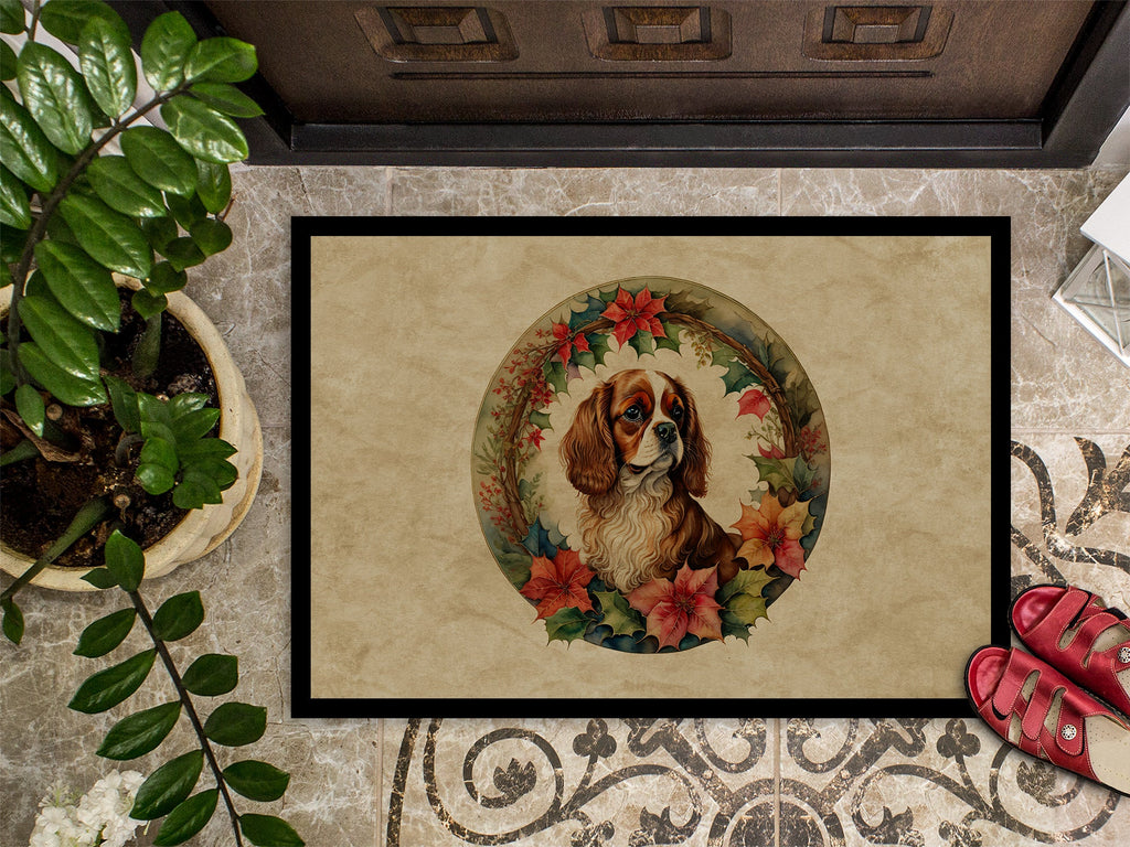 Cavalier Spaniel Christmas Flowers Doormat Indoor Outdoor 24H X 36W Front Door Mat Rugs for Entryway, Non Slip Washable Low Pile,