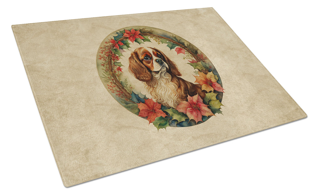 Cavalier Spaniel Christmas Flowers Cutting Board Tempered Glass Kitchen Cutting Surface, Heat Resistant Chopping, Non-Slip Feet, Food Prep & Serving