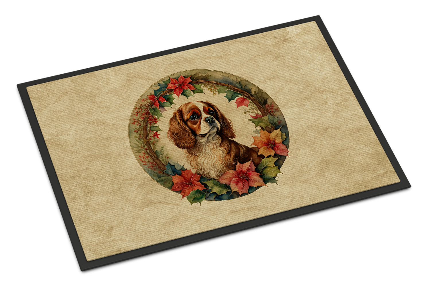 Cavalier Spaniel Christmas Flowers Doormat Indoor Outdoor 18H X 27W Front Door Mat Rugs for Entryway, Non Slip Washable