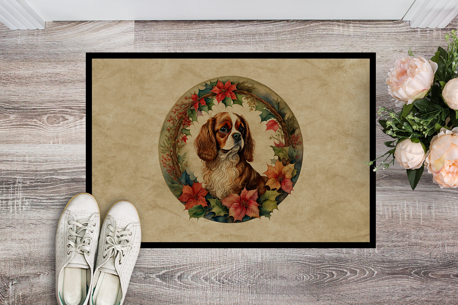 Cavalier Spaniel Christmas Flowers Doormat Indoor Outdoor 18H X 27W Front Door Mat Rugs for Entryway, Non Slip Washable