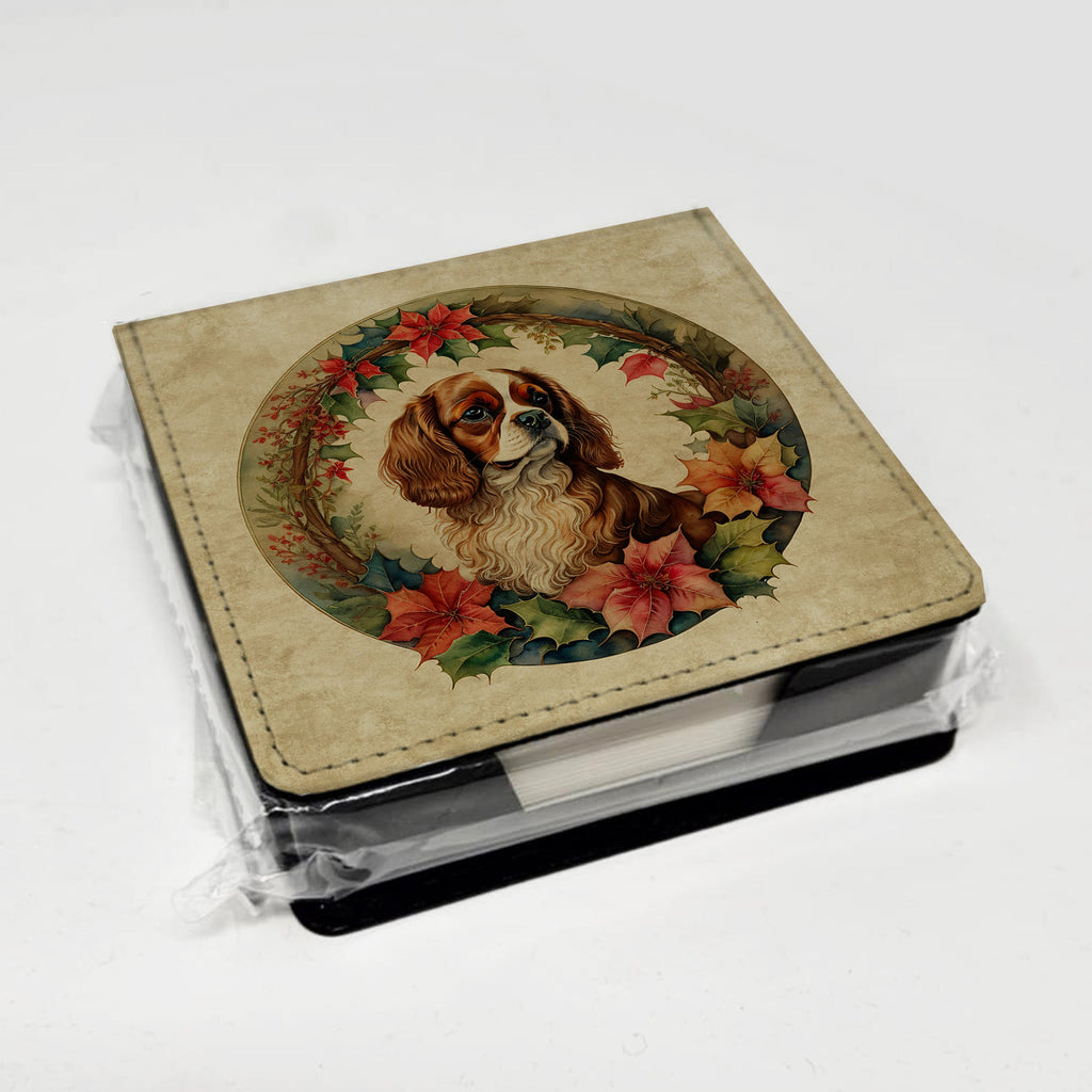 Cavalier Spaniel Christmas Flowers PU Leather Note Paper Holder with Artist-Designed Cover, Desk Accessory, Office Gift