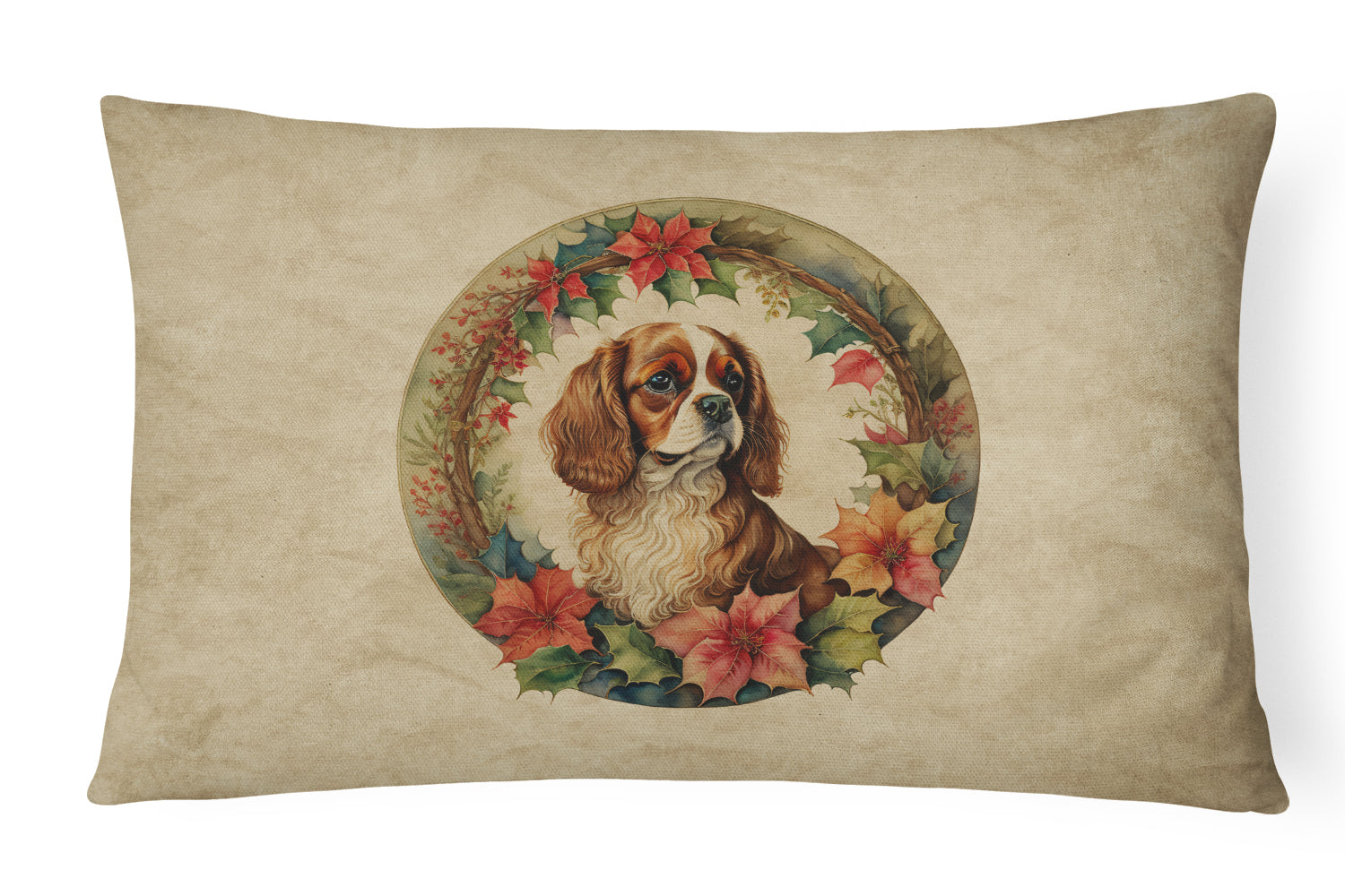 Cavalier Spaniel Christmas Flowers Decorative Throw Pillow 12x16 Indoor Outdoor Accent Cushion, Fabric Cover with Insert for Sofa, Bed, Porch & Living Room
