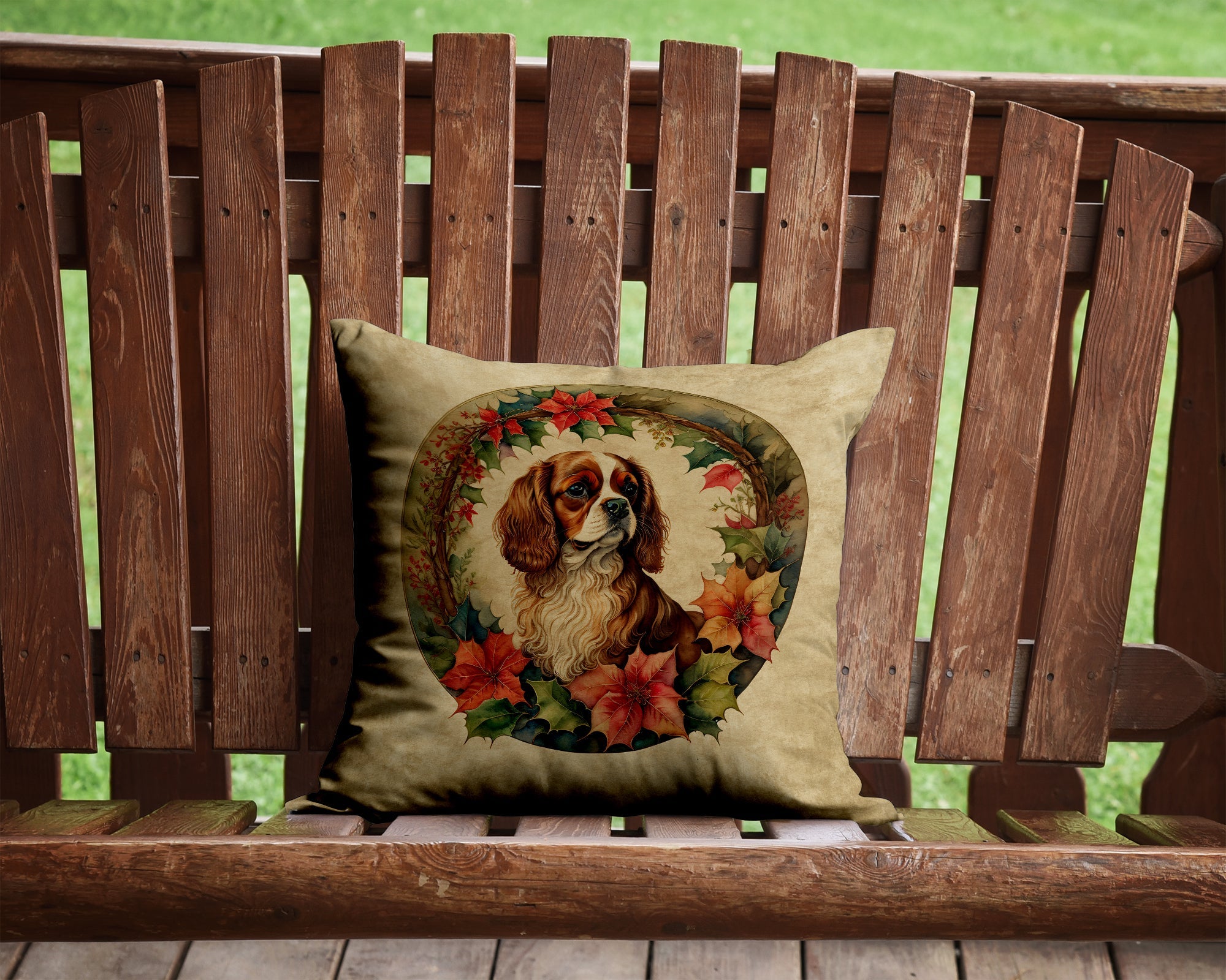 Cavalier Spaniel Christmas Flowers Decorative Throw Pillow 14x14 Indoor Outdoor Accent Cushion, Fabric Cover with Insert for Sofa, Bed, Porch & Living Room